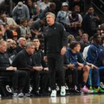 Apr 5, 2024; Phoenix, Arizona, USA; Minnesota Timberwolves head coach Chris Finch looks on against the Phoenix Suns during the first half at Footprint Center. Mandatory Credit: Joe Camporeale-USA TODAY Sports