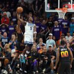 Apr 28, 2024; Phoenix, Arizona, USA; Minnesota Timberwolves guard Anthony Edwards (5) dunks against the Phoenix Suns during the second half of game four of the first round for the 2024 NBA playoffs at Footprint Center. Mandatory Credit: Joe Camporeale-USA TODAY Sports