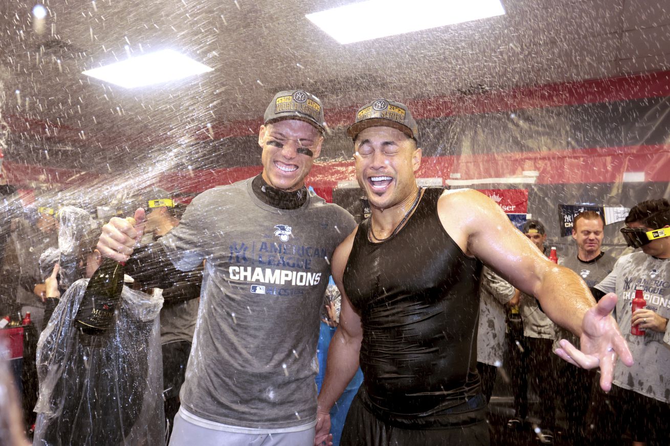 New York Yankees’ Aaron Judge and Giancarlo Stanton Celebrating Winning the ALCS